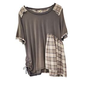 POL Plaid Scoop Neck Short Sleeve Brown Faded Oversized Boho Top Size 3x
